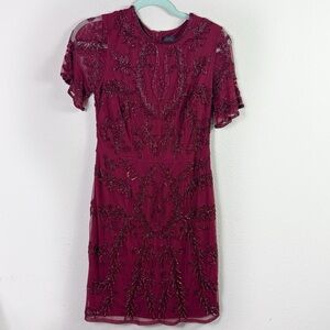 Adrianna Papell Embellished Beaded Mini Dress in Burgundy Sheer Sleeves size 8P